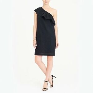 J.Crew Black One-Shoulder Ruffle Dress Size S Linen Blend‎ Mini Sleeveless